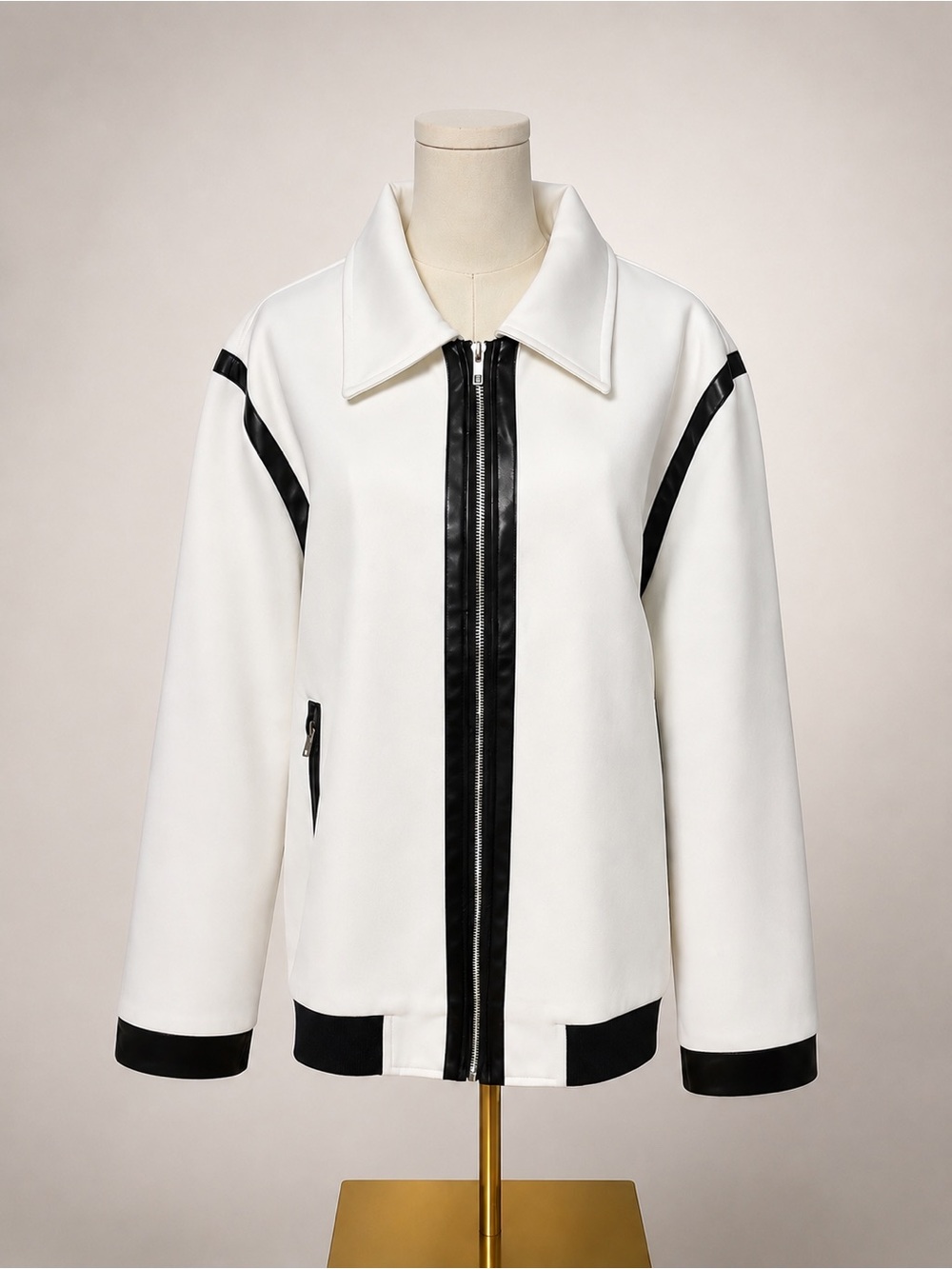 Men's White Bomber Jacket with Black Trim